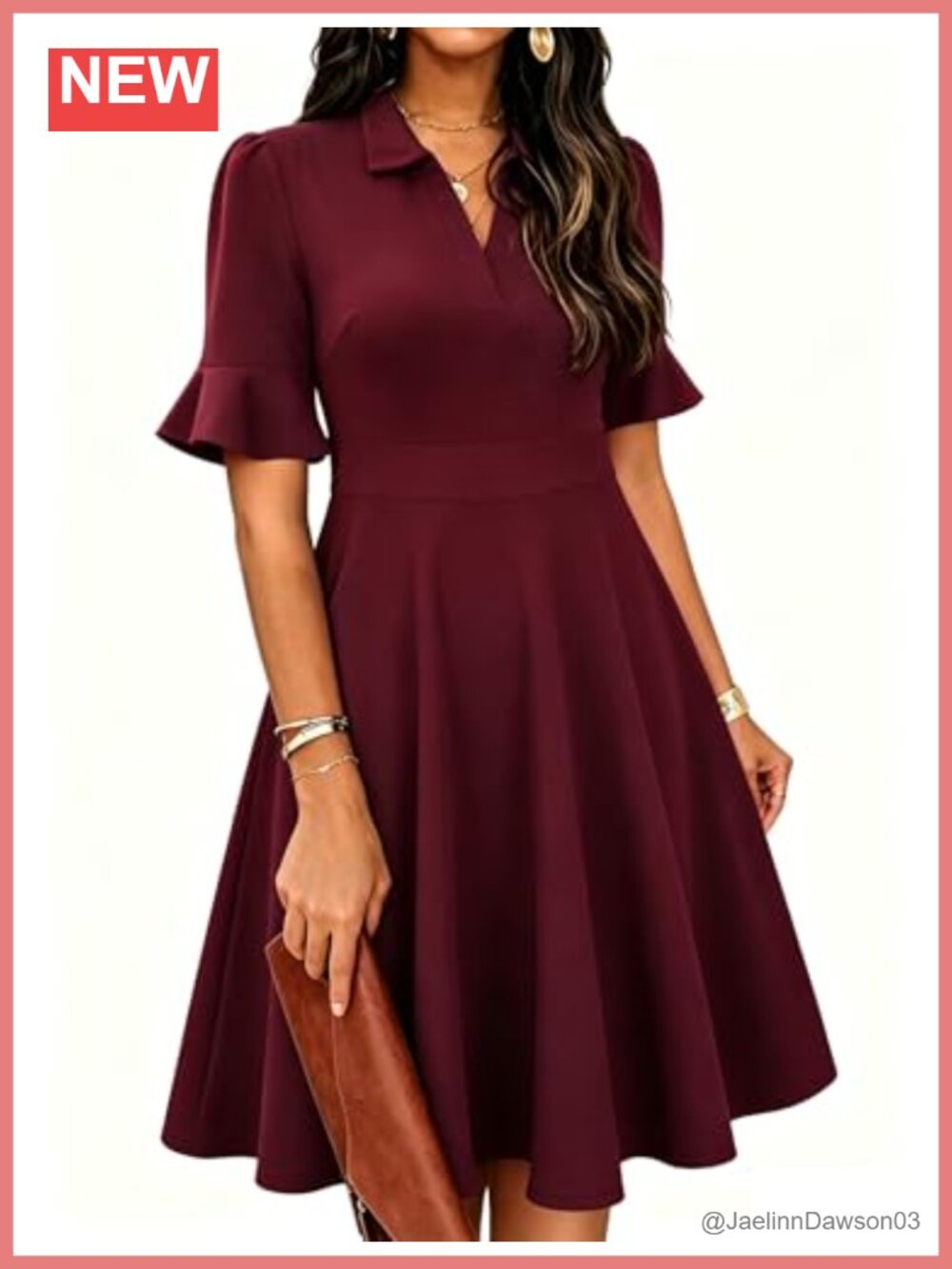 Ruffle Sleeve Collared V Neck Fit and Flare A Line Swing Dress with Pockets